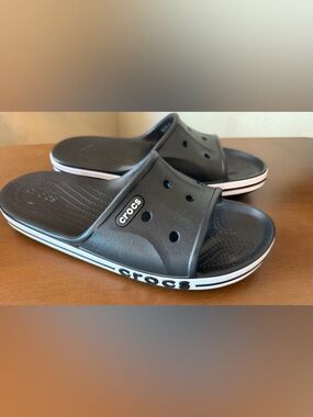 CROCS Black Slide Sandals with White Stripe